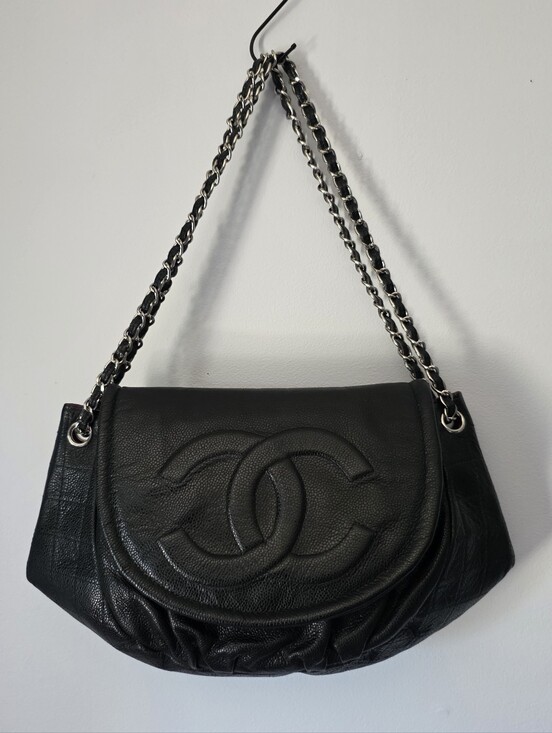 CHANEL Handbags - Chanel Half Moon Large Flap Bag in black caviar leather with silver-tone